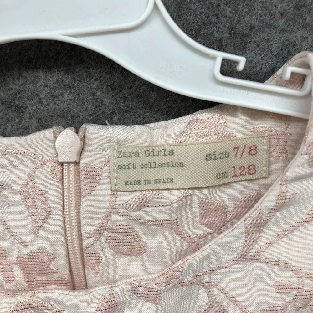 Zara Girls 7/8 Party Dress Pink Floral Jacquard Pleated Sleeveless A-Line Formal